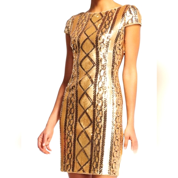 Nwot Adrianna Papell Cable Knit Cap Sleeves Gold Geometric Sequin Cocktail Dress - Picture 8 of 17